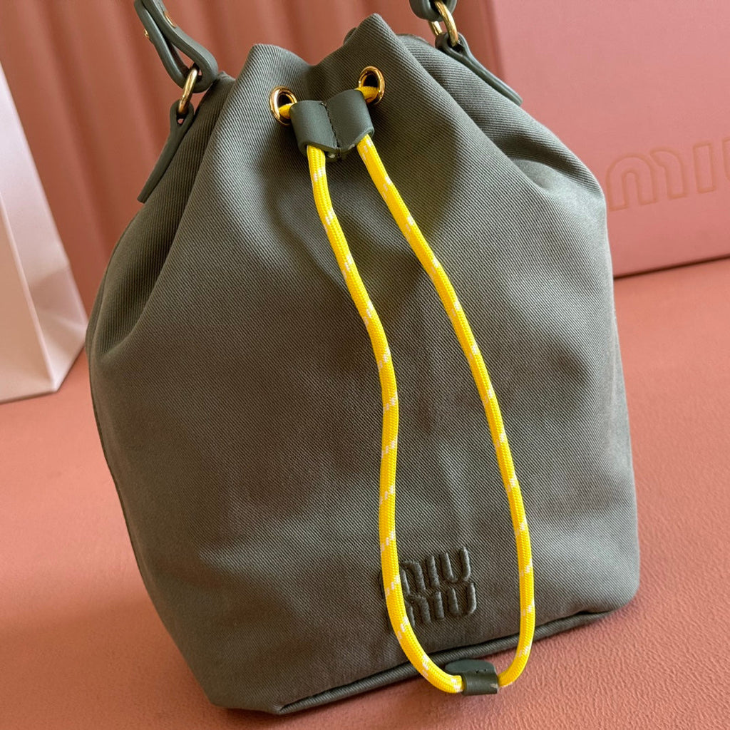 MIU MIU GABADINE POUCH 22.5 IN OLIVE GREEN CANVAS YELLOW DRAWSTRING