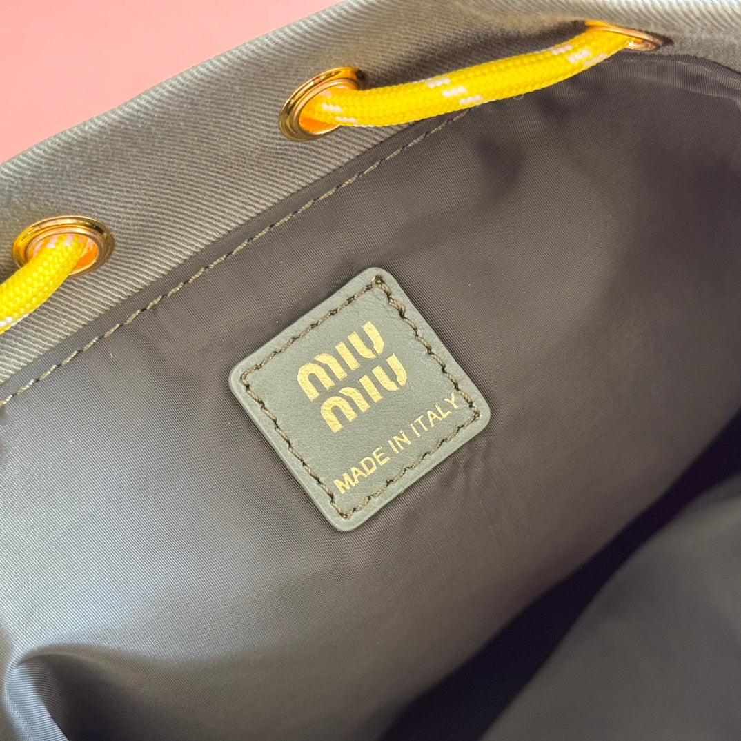 MIU MIU GABADINE POUCH 22.5 IN OLIVE GREEN CANVAS YELLOW DRAWSTRING