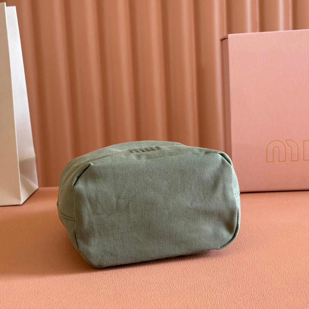 MIU MIU GABADINE POUCH 22.5 IN OLIVE GREEN CANVAS YELLOW DRAWSTRING