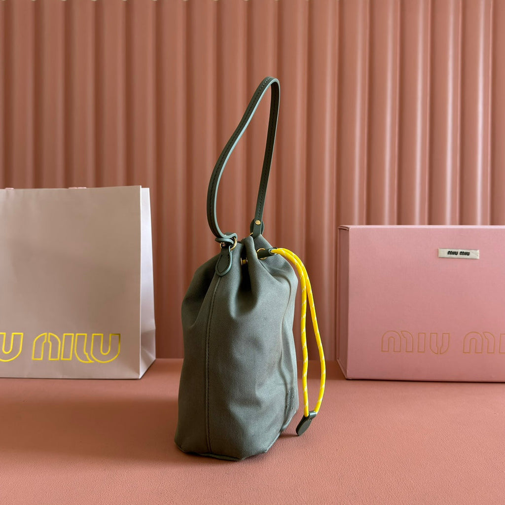 MIU MIU GABADINE POUCH 22.5 IN OLIVE GREEN CANVAS YELLOW DRAWSTRING
