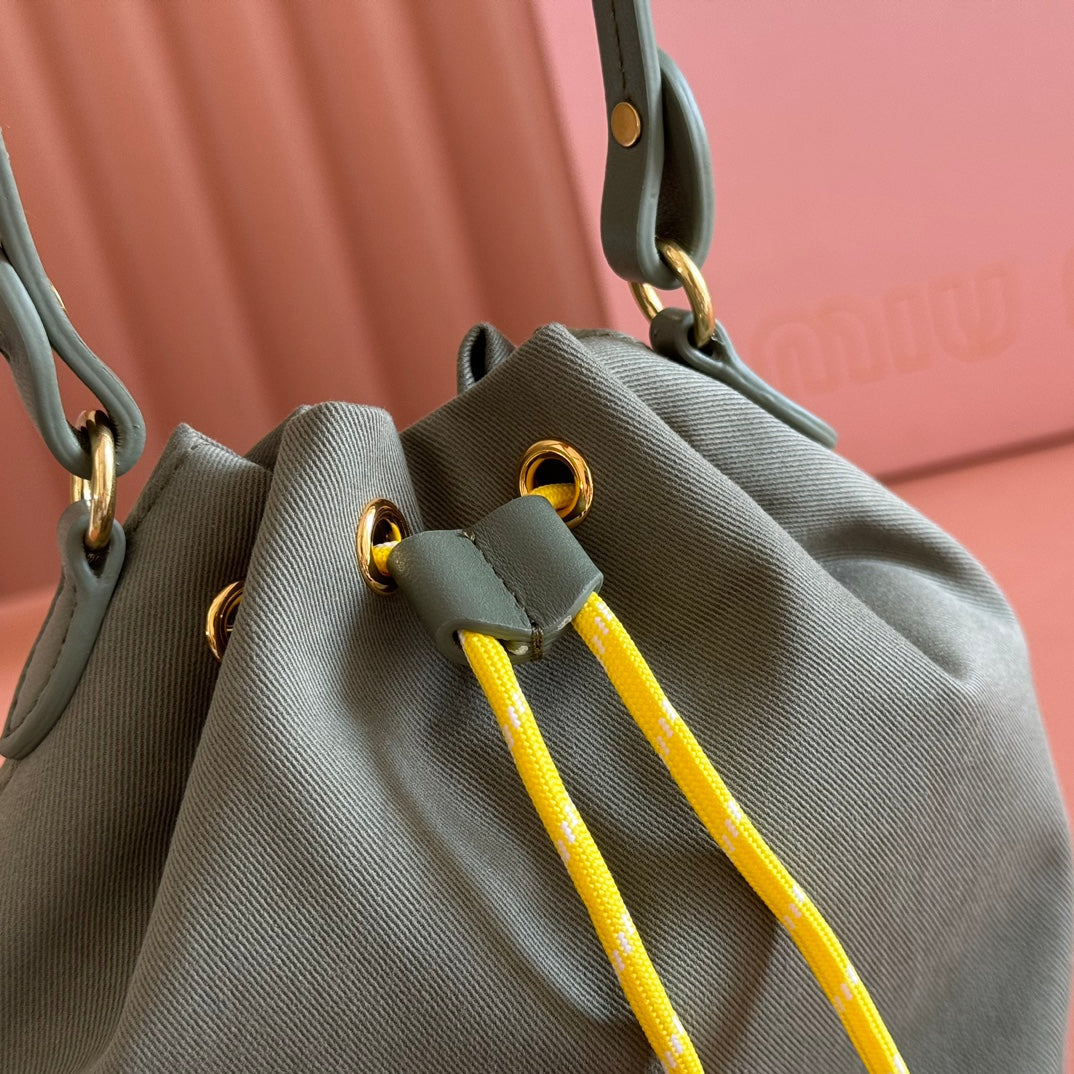 MIU MIU GABADINE POUCH 22.5 IN OLIVE GREEN CANVAS YELLOW DRAWSTRING