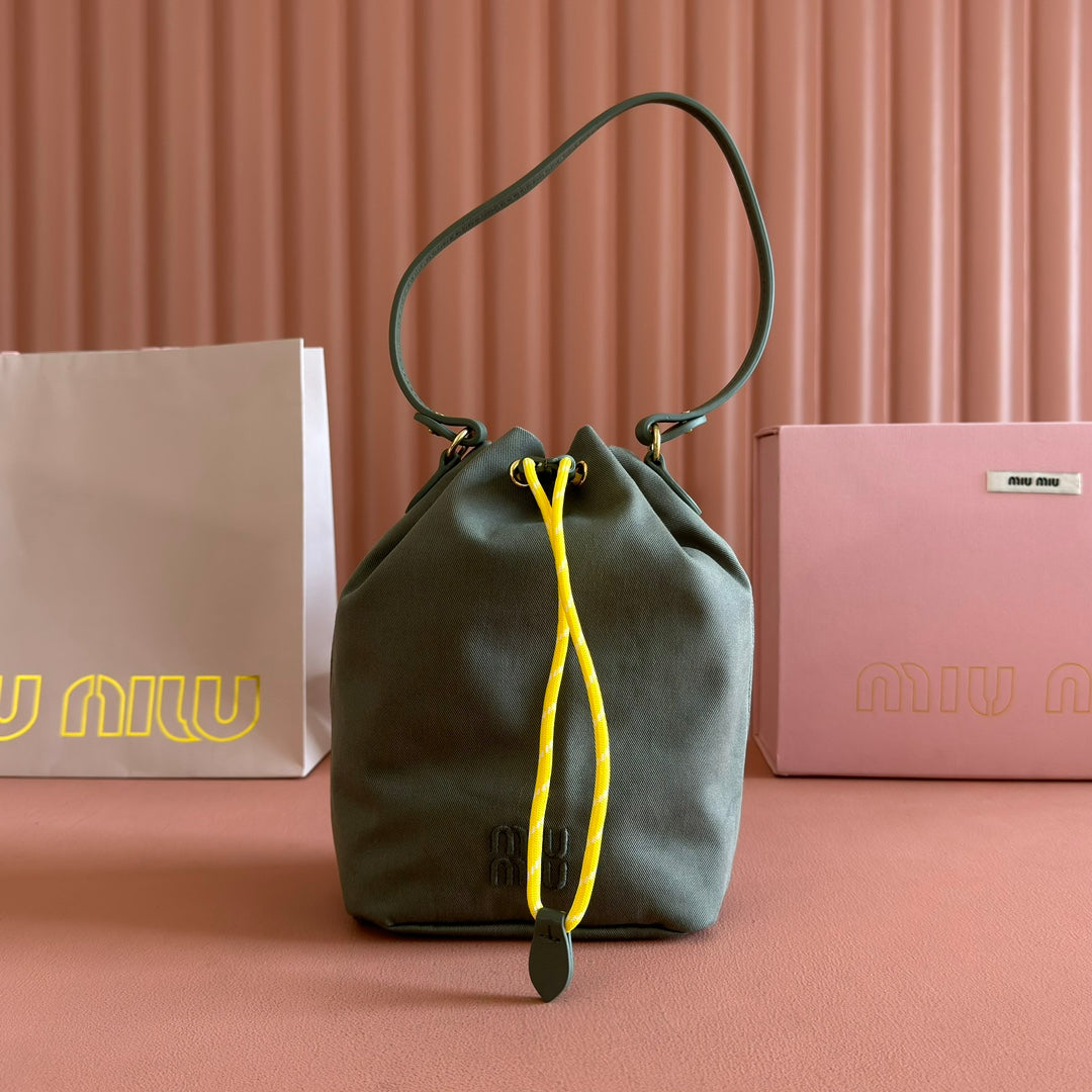 MIU MIU GABADINE POUCH 22.5 IN OLIVE GREEN CANVAS YELLOW DRAWSTRING