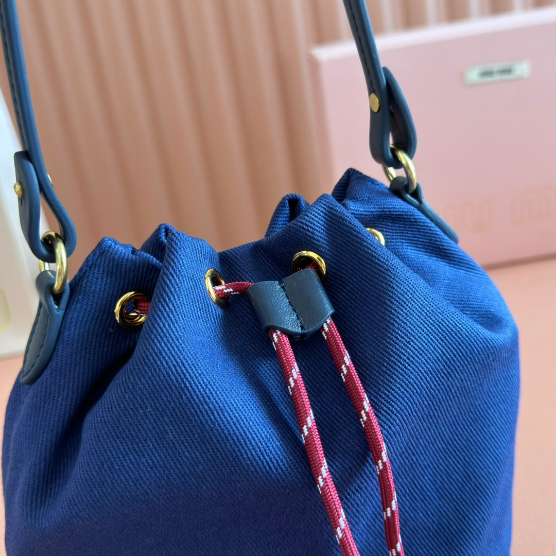 MIU MIU GABADINE POUCH 22.5 IN INDIGO RED CANVAS AMARANTH DRAWSTRING