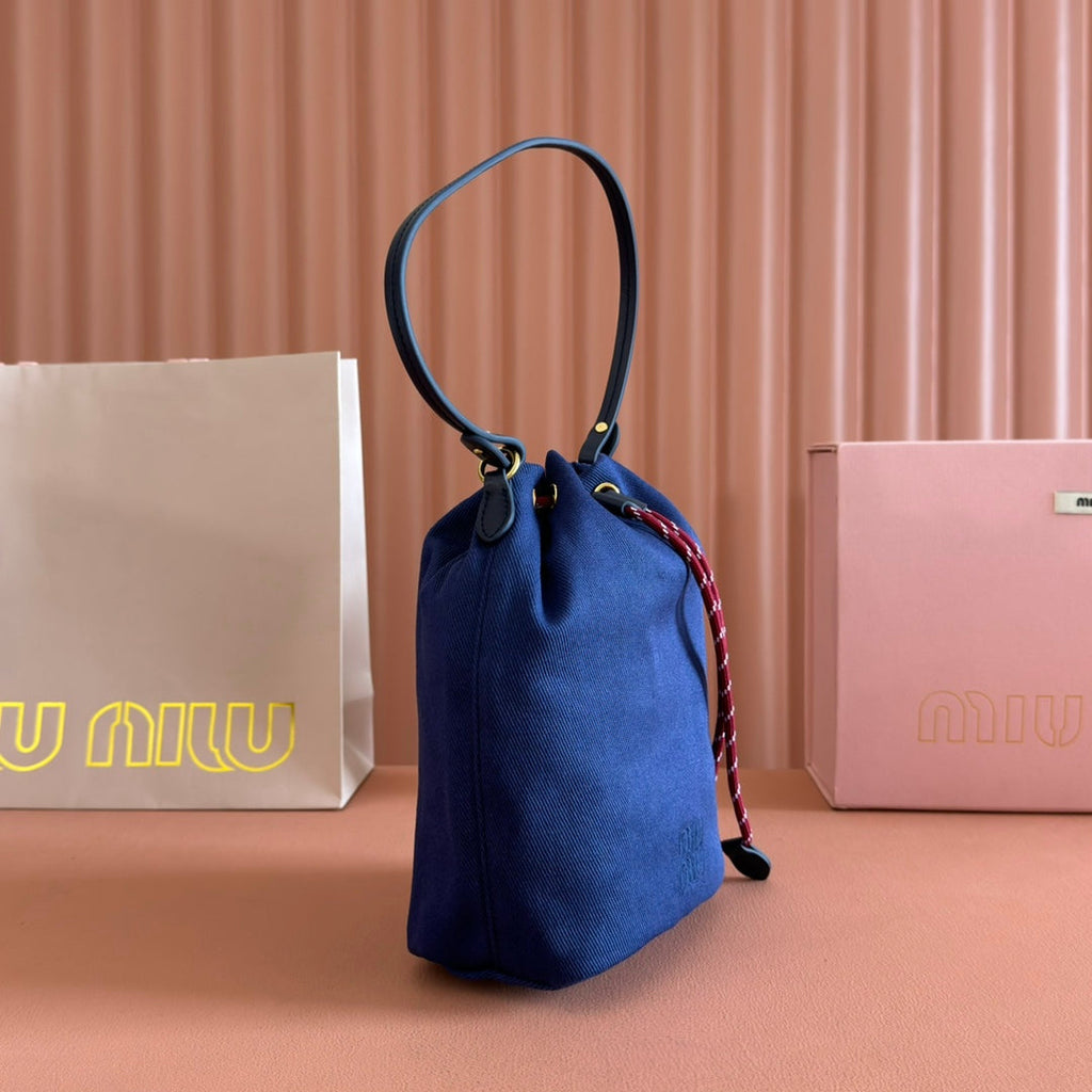 MIU MIU GABADINE POUCH 22.5 IN INDIGO RED CANVAS AMARANTH DRAWSTRING