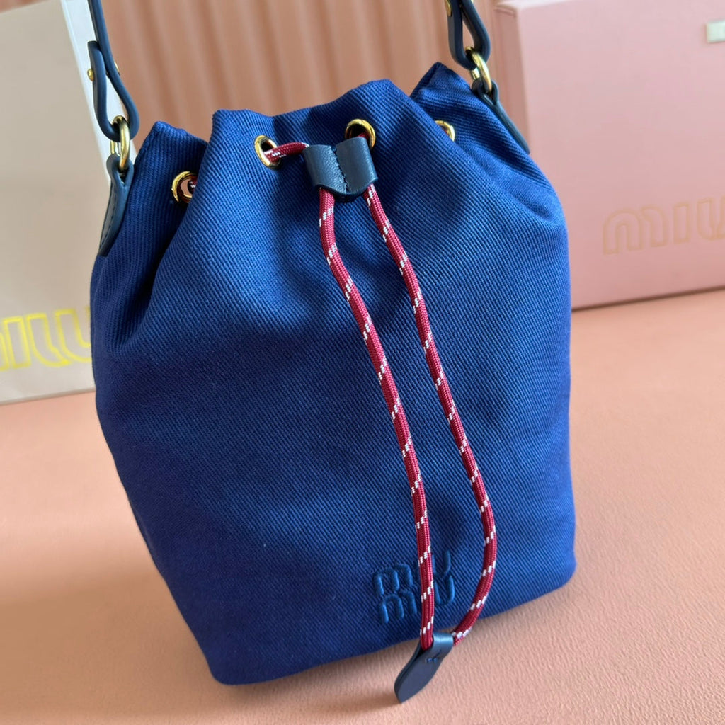 MIU MIU GABADINE POUCH 22.5 IN INDIGO RED CANVAS AMARANTH DRAWSTRING