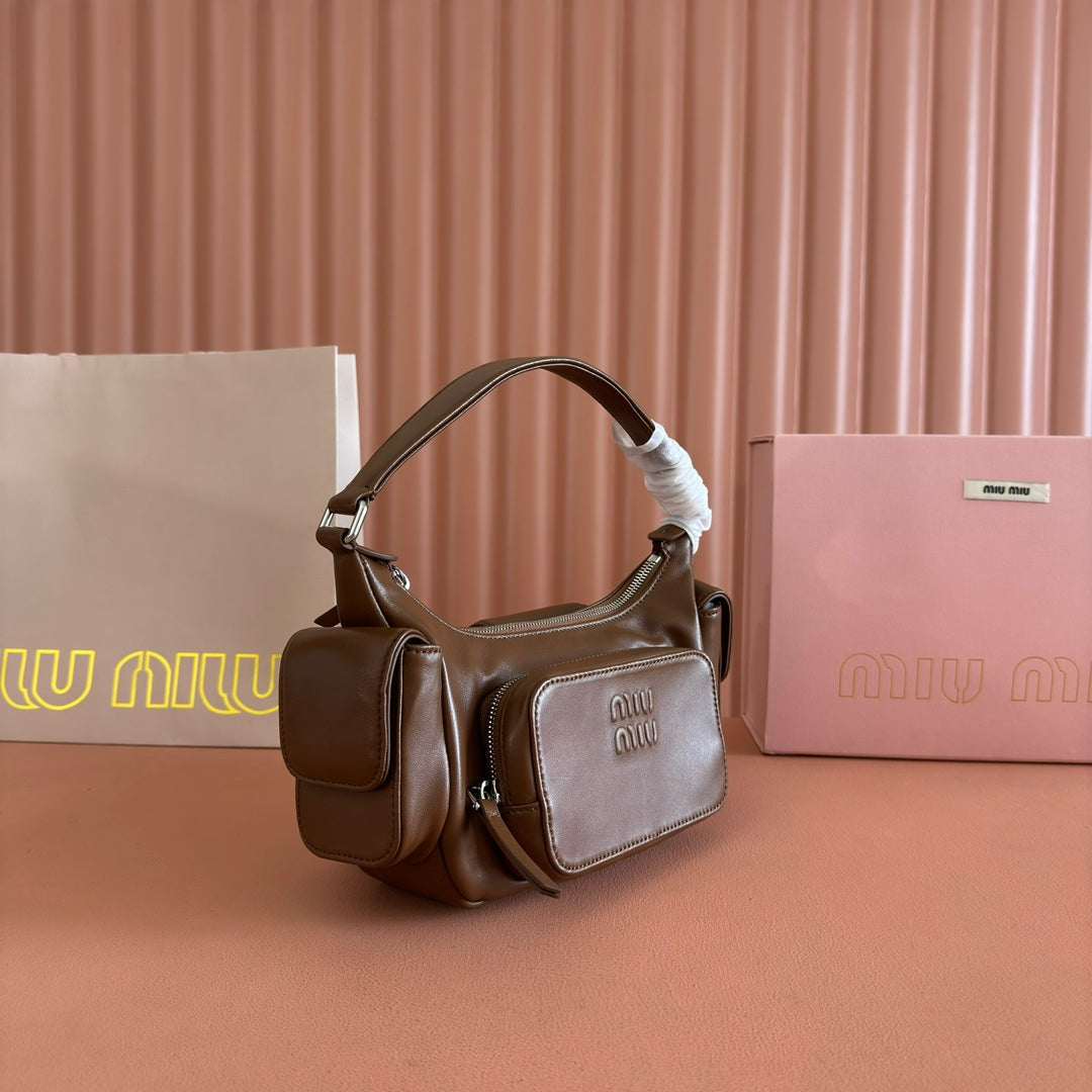 MIU MIU POCKET HANDBAG 21 IN OAK BROWN CALFSKIN