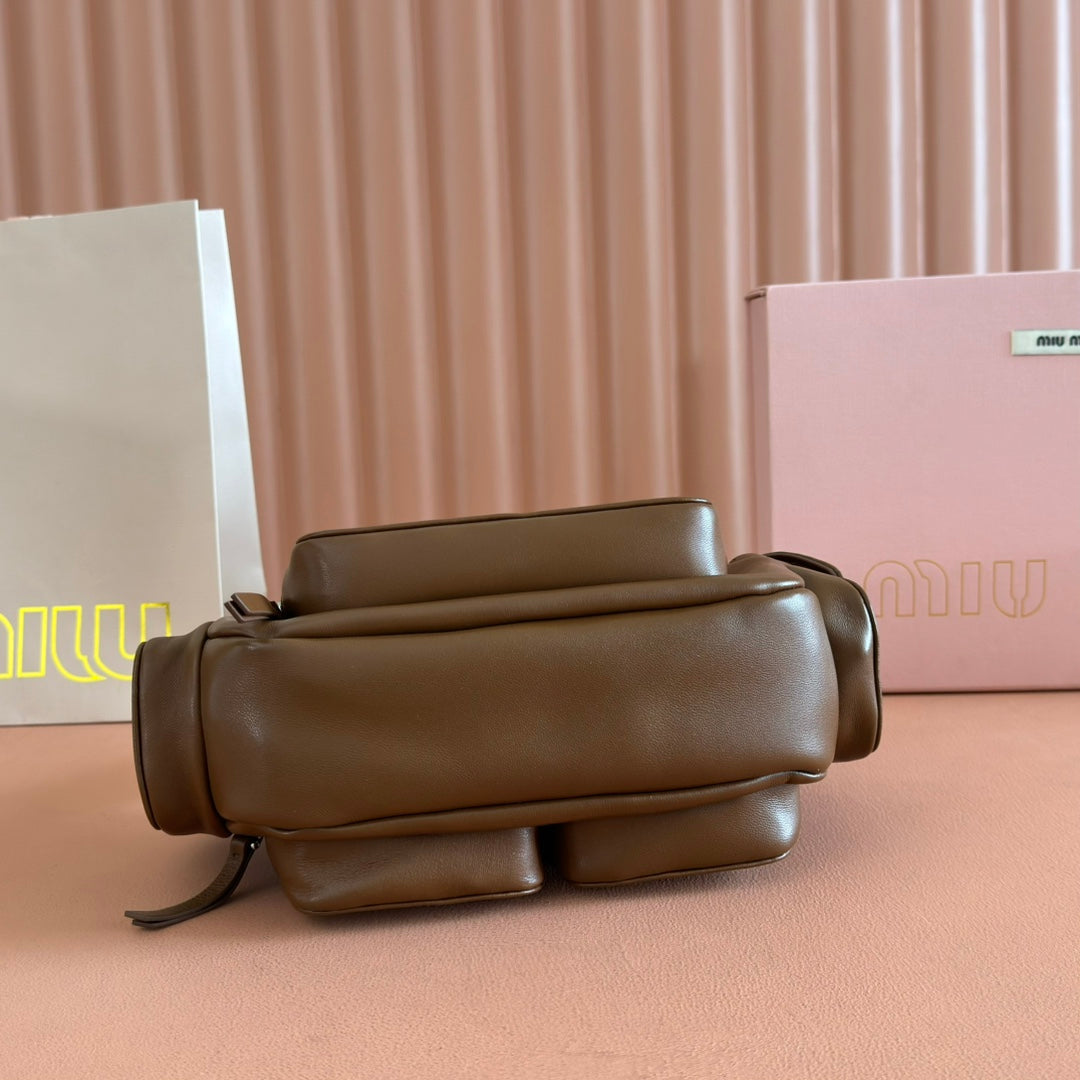 MIU MIU POCKET HANDBAG 21 IN OAK BROWN CALFSKIN