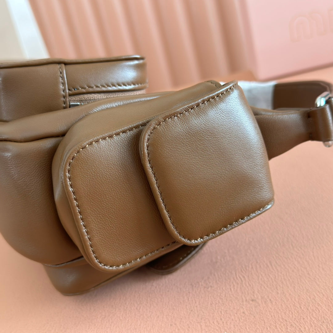 MIU MIU POCKET HANDBAG 21 IN OAK BROWN CALFSKIN