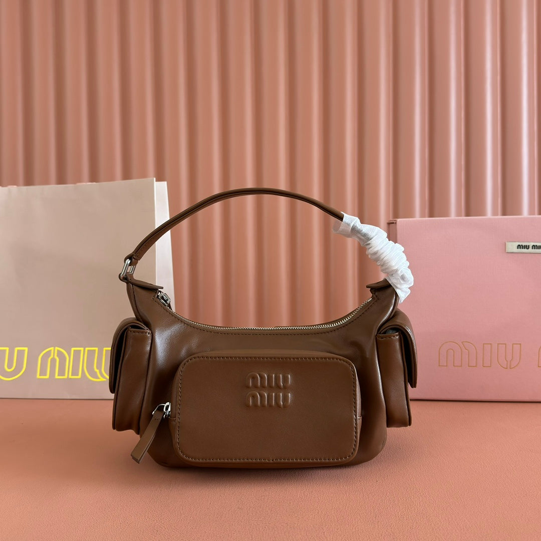 MIU MIU POCKET HANDBAG 21 IN OAK BROWN CALFSKIN