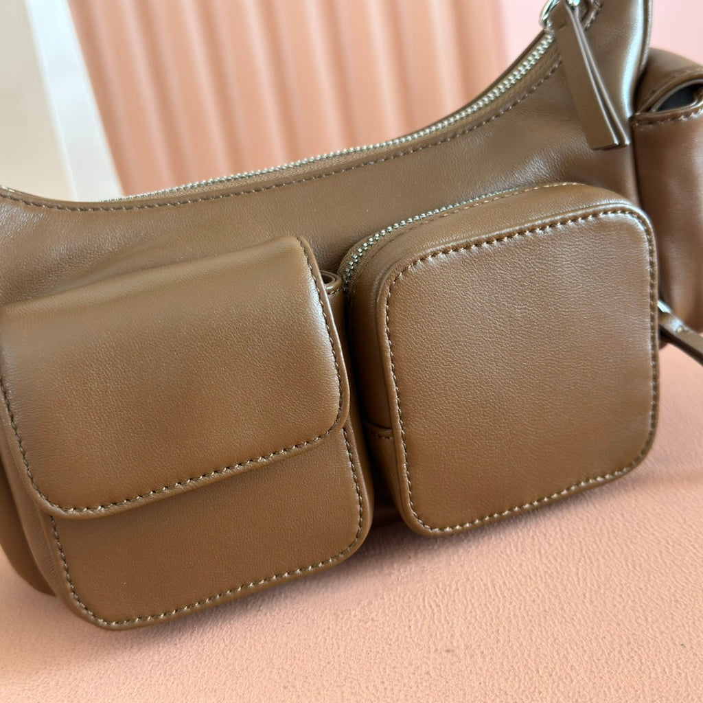 MIU MIU POCKET HANDBAG 21 IN OAK BROWN CALFSKIN