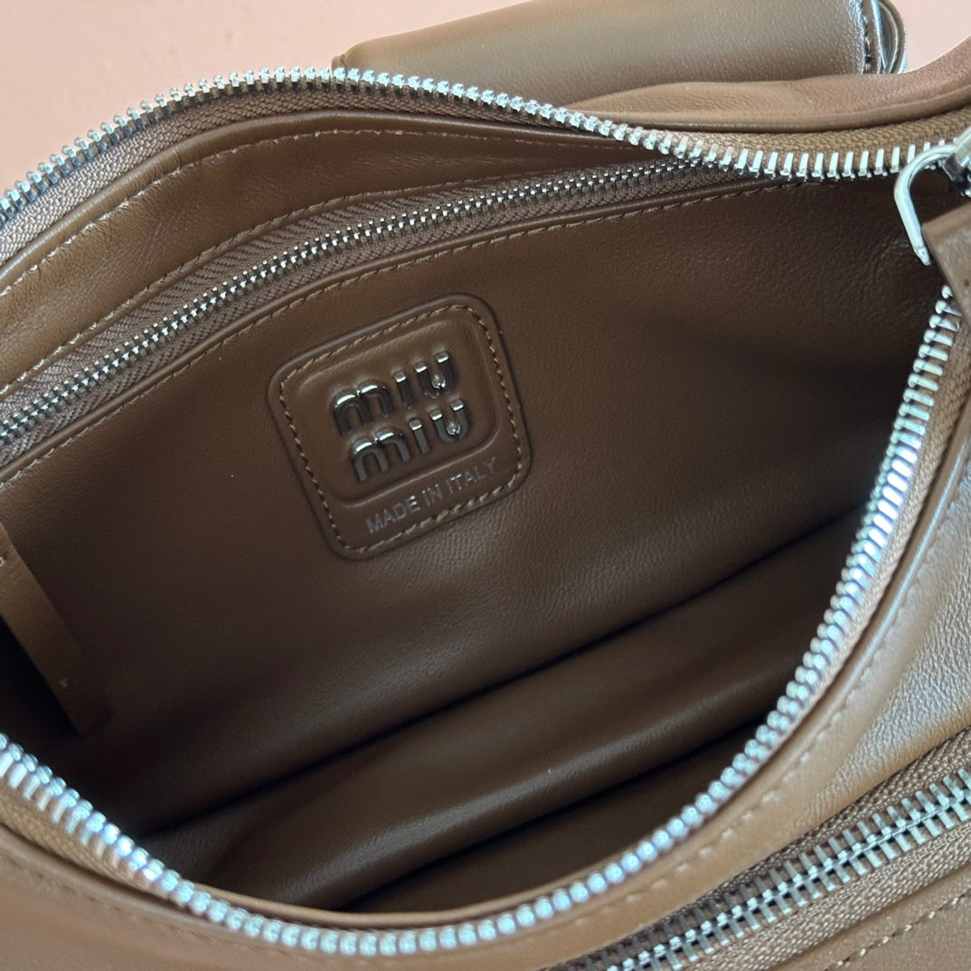 MIU MIU POCKET HANDBAG 21 IN OAK BROWN CALFSKIN