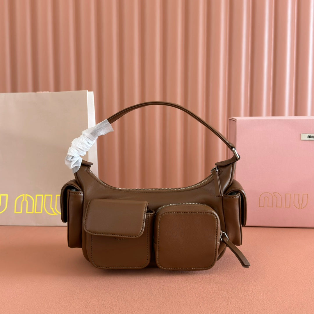 MIU MIU POCKET HANDBAG 21 IN OAK BROWN CALFSKIN