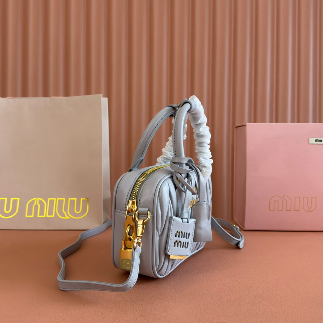 MIU MIU ARCADIE MATELASSÉ NAPPA SMALL BAG 19 IN GREY LAMBSKIN GOLD HARDWARE