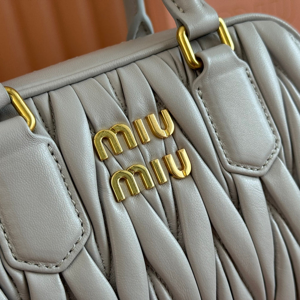 MIU MIU ARCADIE MATELASSÉ NAPPA SMALL BAG 19 IN GREY LAMBSKIN GOLD HARDWARE