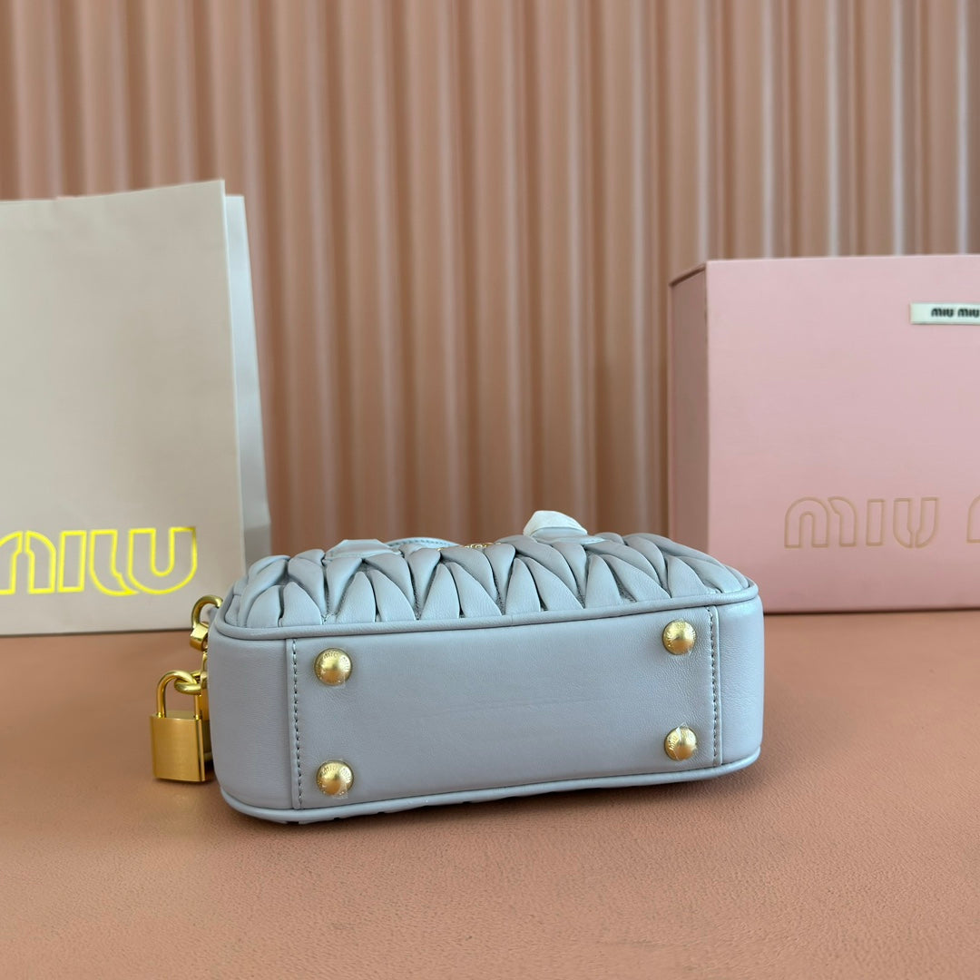 MIU MIU ARCADIE MATELASSÉ NAPPA SMALL BAG 19 IN GREY LAMBSKIN GOLD HARDWARE