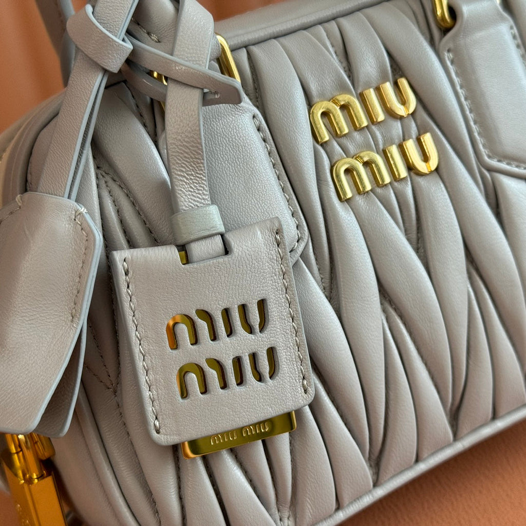 MIU MIU ARCADIE MATELASSÉ NAPPA SMALL BAG 19 IN GREY LAMBSKIN GOLD HARDWARE