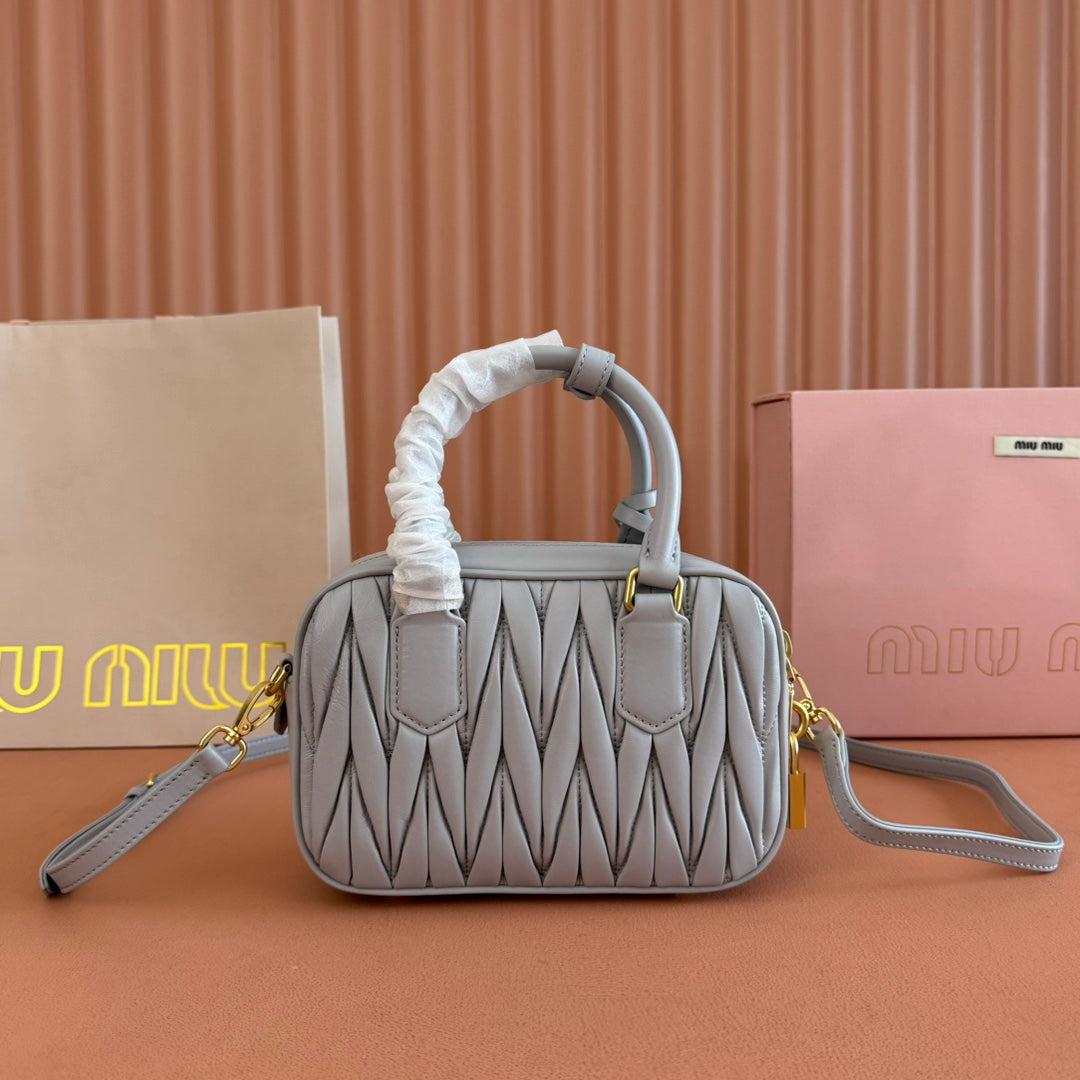 MIU MIU ARCADIE MATELASSÉ NAPPA SMALL BAG 19 IN GREY LAMBSKIN GOLD HARDWARE