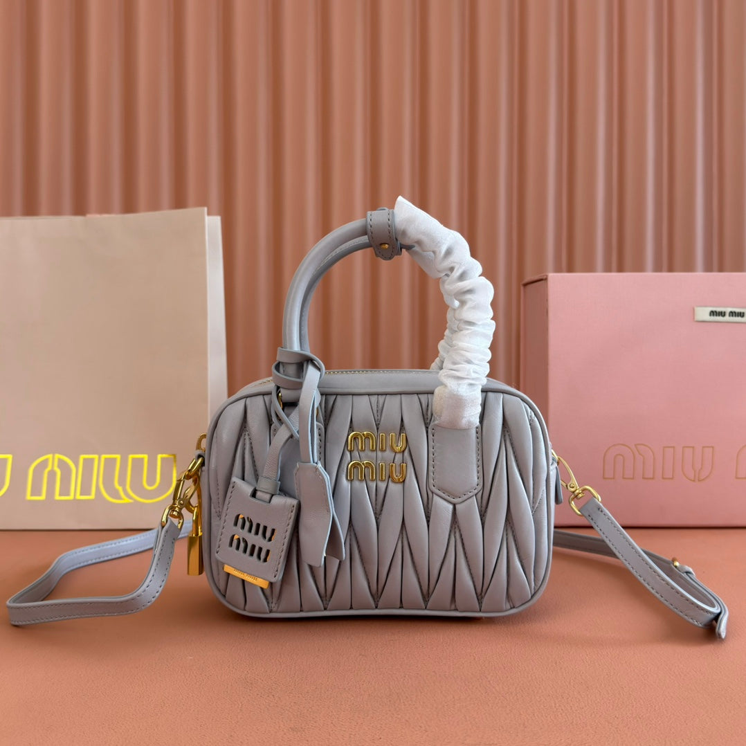MIU MIU ARCADIE MATELASSÉ NAPPA SMALL BAG 19 IN GREY LAMBSKIN GOLD HARDWARE