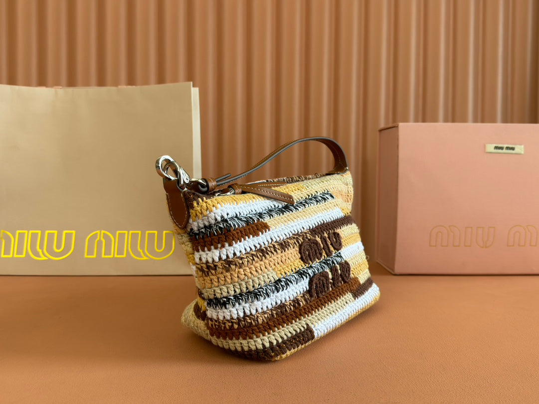 MIU MIU CROCHET SHOULDER BAG 25.5 NATURAL COLOUR-BLOCK WOOL WITH BROWN STRAP CALFSKIN