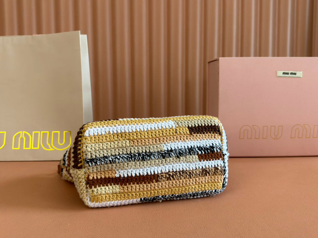 MIU MIU CROCHET SHOULDER BAG 25.5 NATURAL COLOUR-BLOCK WOOL WITH BROWN STRAP CALFSKIN