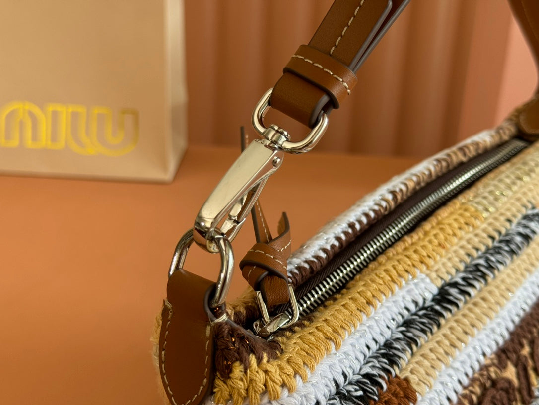 MIU MIU CROCHET SHOULDER BAG 25.5 NATURAL COLOUR-BLOCK WOOL WITH BROWN STRAP CALFSKIN