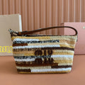MIU MIU CROCHET SHOULDER BAG 25.5 NATURAL COLOUR-BLOCK WOOL WITH BROWN STRAP CALFSKIN