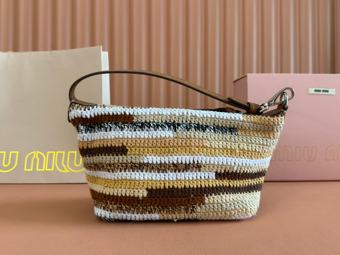 MIU MIU CROCHET SHOULDER BAG 25.5 NATURAL COLOUR-BLOCK WOOL WITH BROWN STRAP CALFSKIN