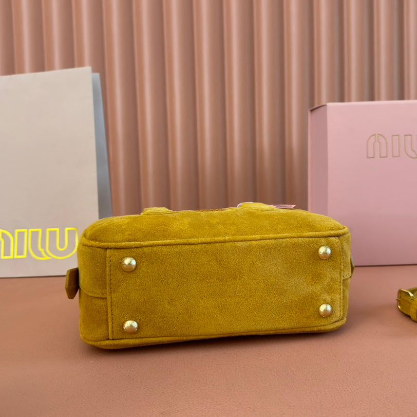 MIU MIU ARCADIE BAG 22 IN MUSTARD YELLOW SUEDE GOLD HARDWARE