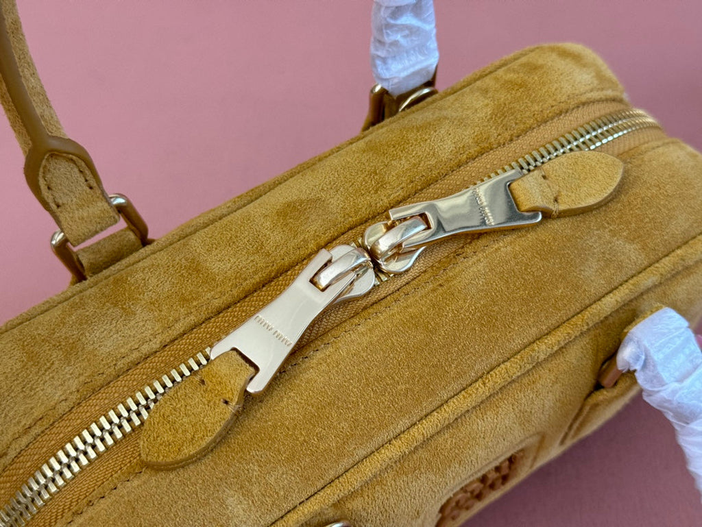 MIU MIU ARCADIE BAG 22 IN MUSTARD YELLOW SUEDE GOLD HARDWARE