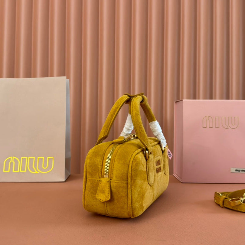 MIU MIU ARCADIE BAG 22 IN MUSTARD YELLOW SUEDE GOLD HARDWARE