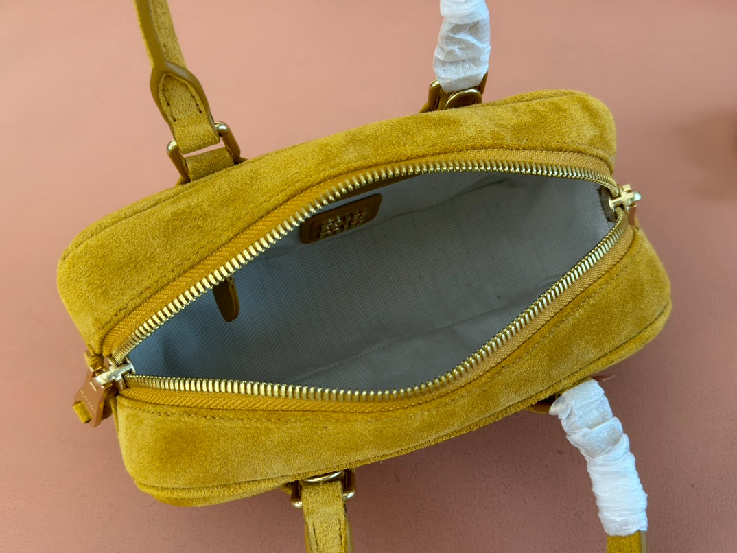 MIU MIU ARCADIE BAG 22 IN MUSTARD YELLOW SUEDE GOLD HARDWARE