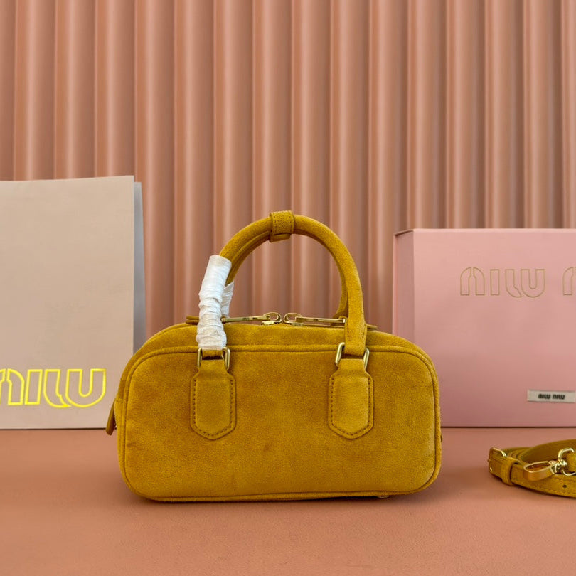 MIU MIU ARCADIE BAG 22 IN MUSTARD YELLOW SUEDE GOLD HARDWARE