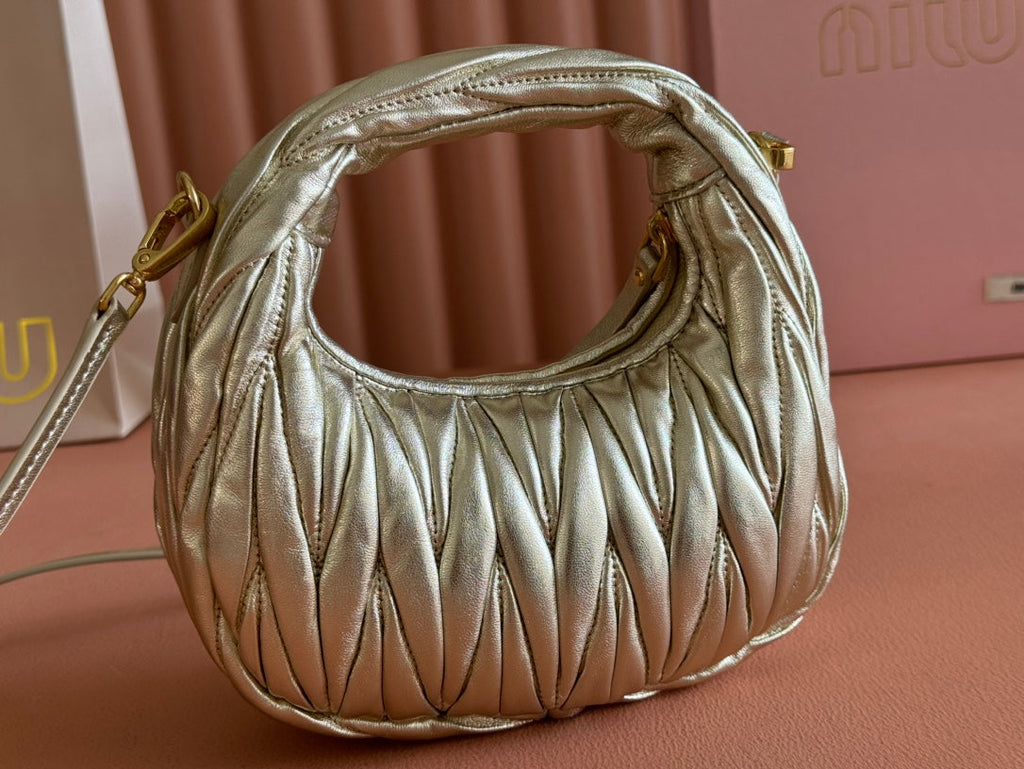MIU MIU WANDER MATELASSÉ NAPPA MINI BAG 18 IN GOLDEN LAMBSKIN