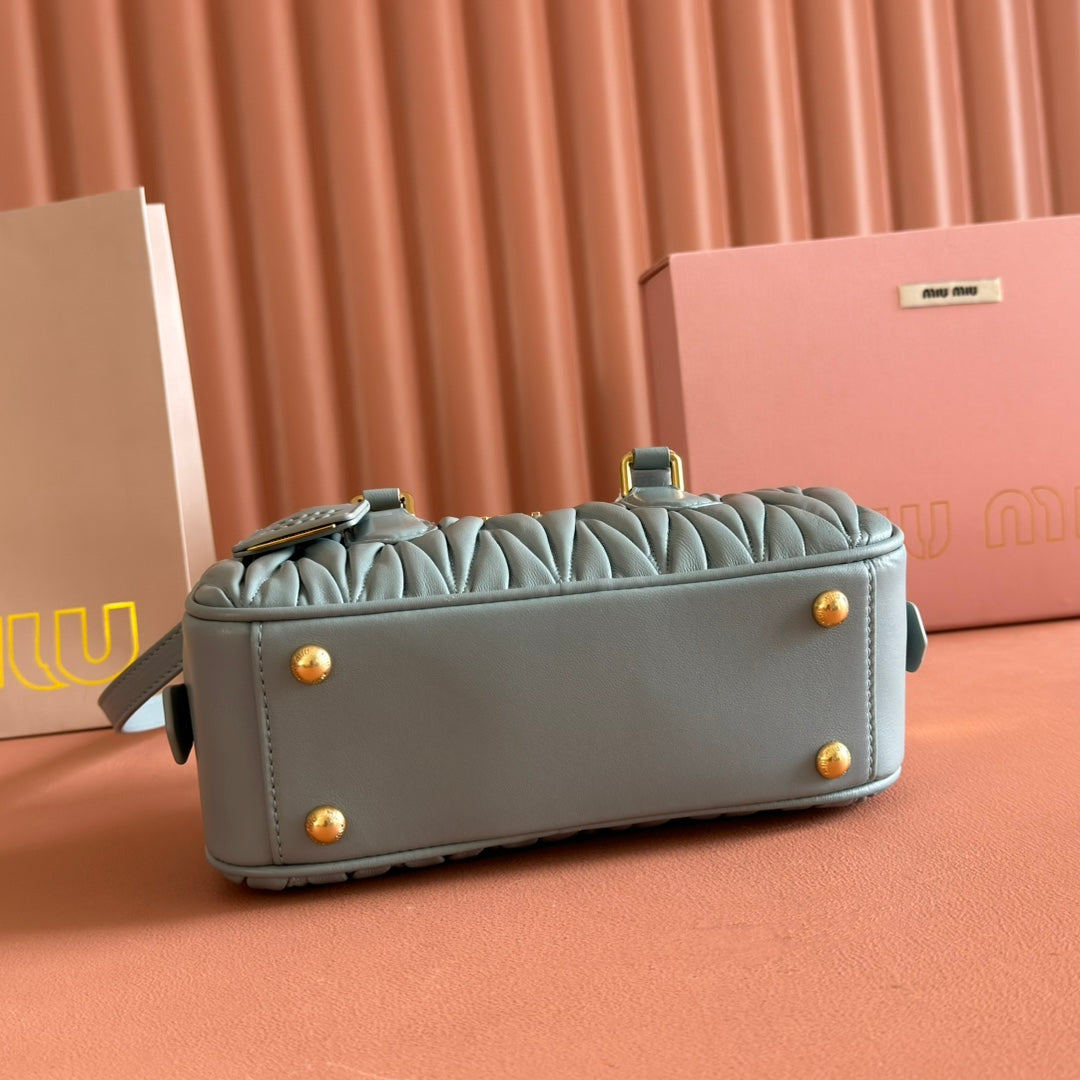 MIU MIU ARCADIE MATELASSÉ BAG 22 OLIVE GRAY IN CALFSKIN GOLD HARDWARE