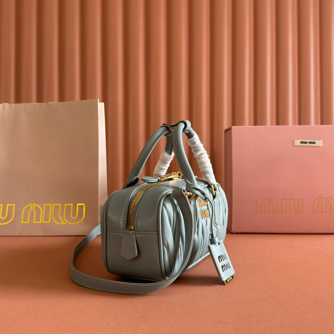 MIU MIU ARCADIE MATELASSÉ BAG 22 OLIVE GRAY IN CALFSKIN GOLD HARDWARE