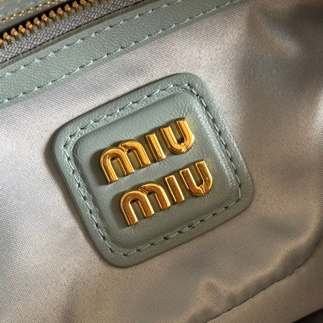 MIU MIU ARCADIE MATELASSÉ BAG 22 OLIVE GRAY IN CALFSKIN GOLD HARDWARE