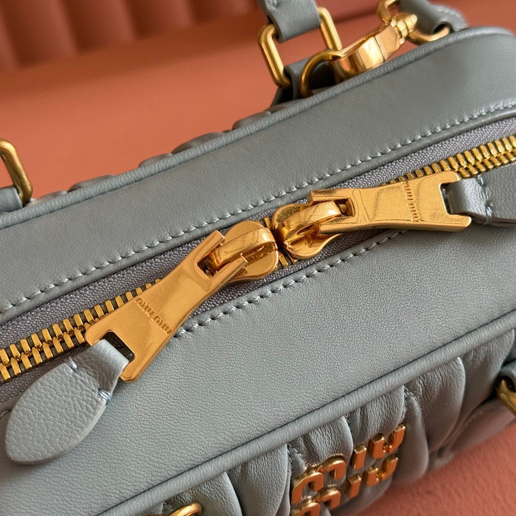 MIU MIU ARCADIE MATELASSÉ BAG 22 OLIVE GRAY IN CALFSKIN GOLD HARDWARE