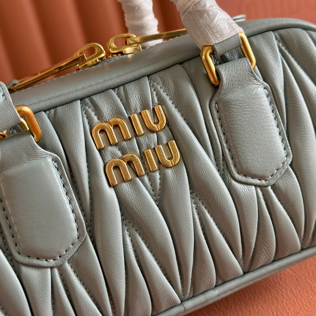 MIU MIU ARCADIE MATELASSÉ BAG 22 OLIVE GRAY IN CALFSKIN GOLD HARDWARE