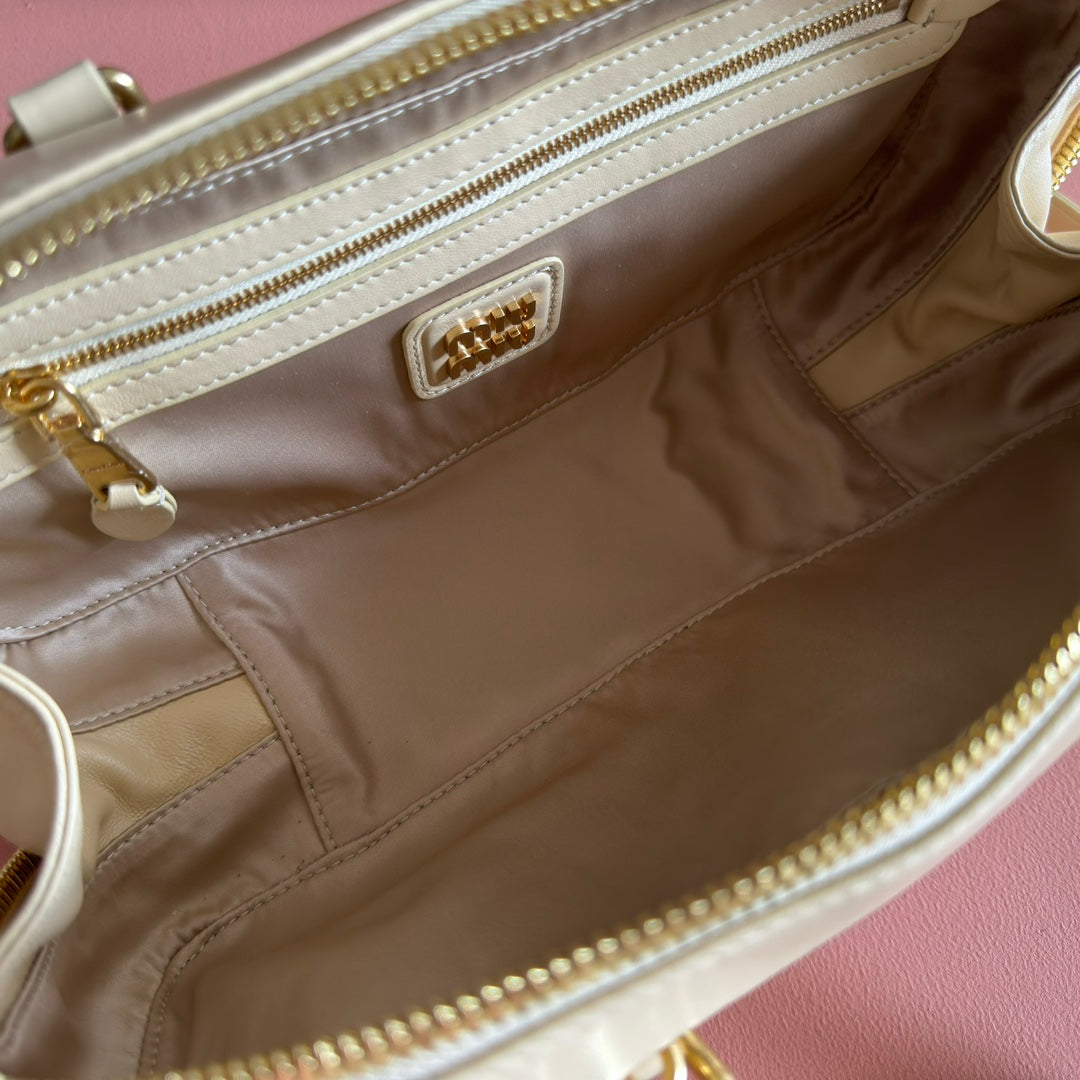 MIU MIU ARCADIE MATELASSÉ BAG 27 BEIGE IN CALFSKIN GOLD HARDWARE