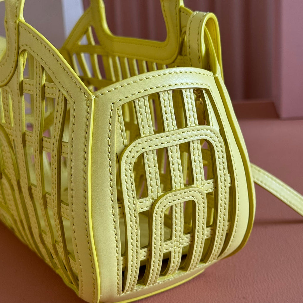 MIU MIU WOVEN HOLLOW BAG 24 IN LEMON YELLOW CALFSKIN