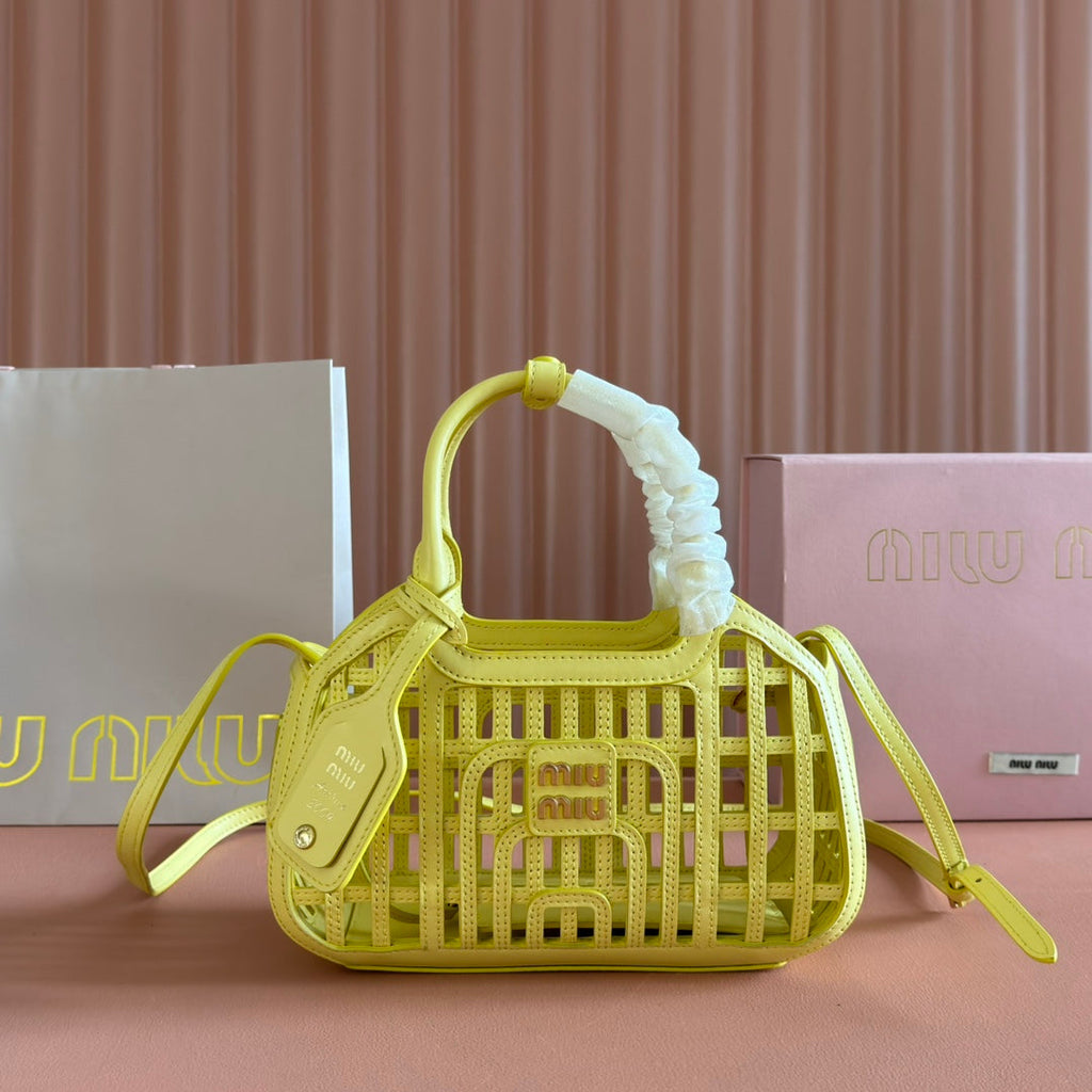 MIU MIU WOVEN HOLLOW BAG 24 IN LEMON YELLOW CALFSKIN