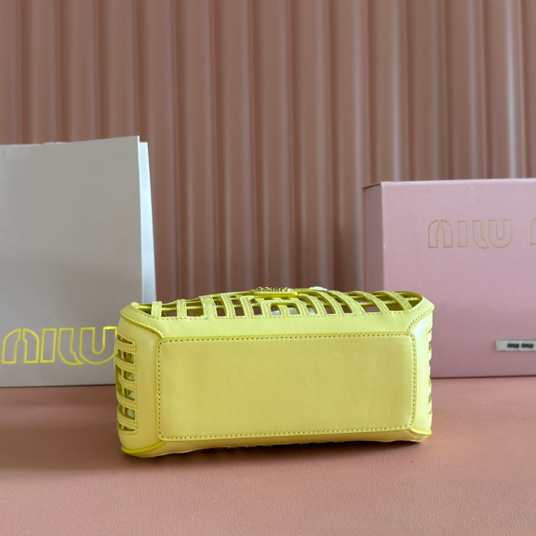 MIU MIU WOVEN HOLLOW BAG 24 IN LEMON YELLOW CALFSKIN