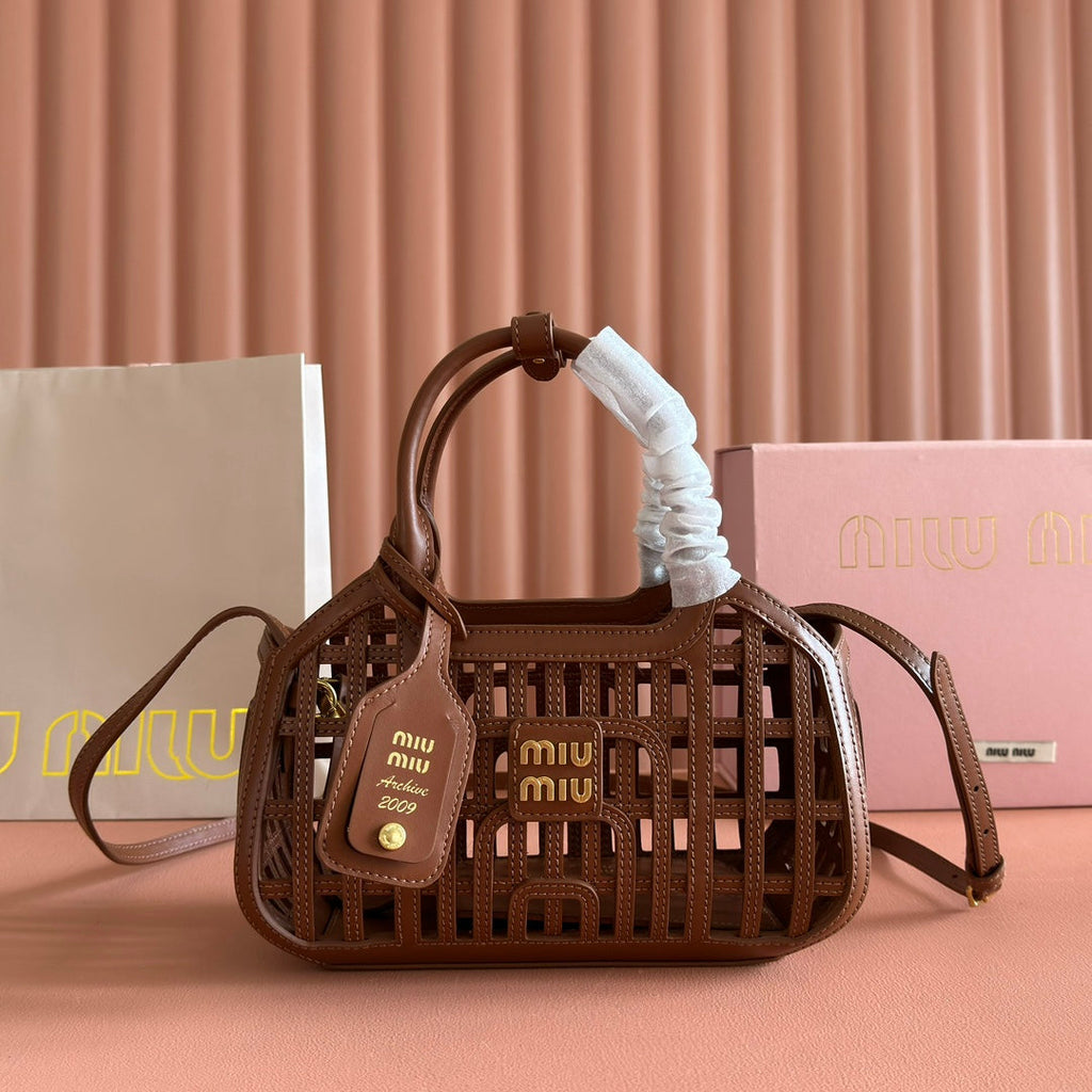 MIU MIU WOVEN HOLLOW BAG 24 IN DARK BROWN CALFSKIN