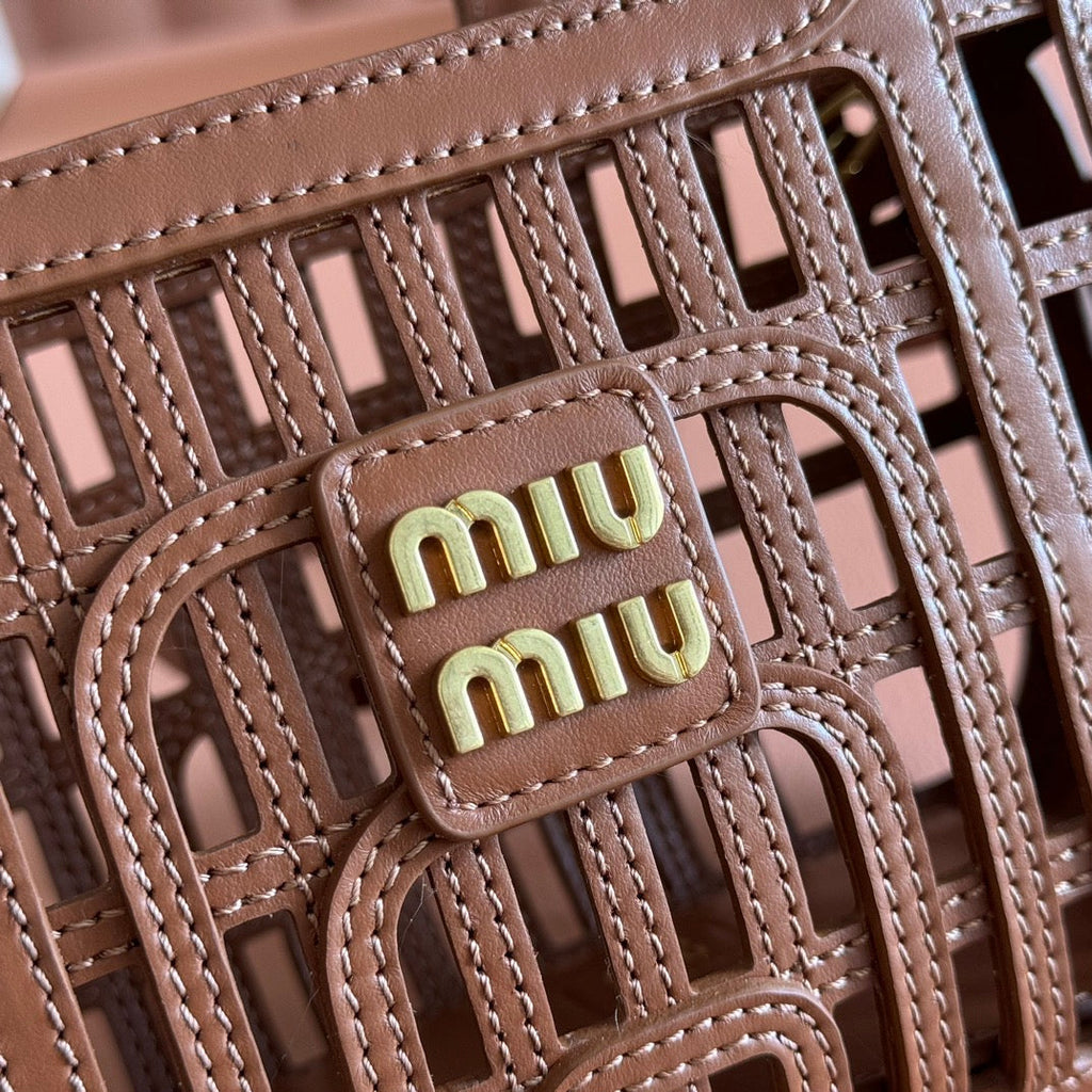 MIU MIU WOVEN HOLLOW BAG 24 IN DARK BROWN CALFSKIN