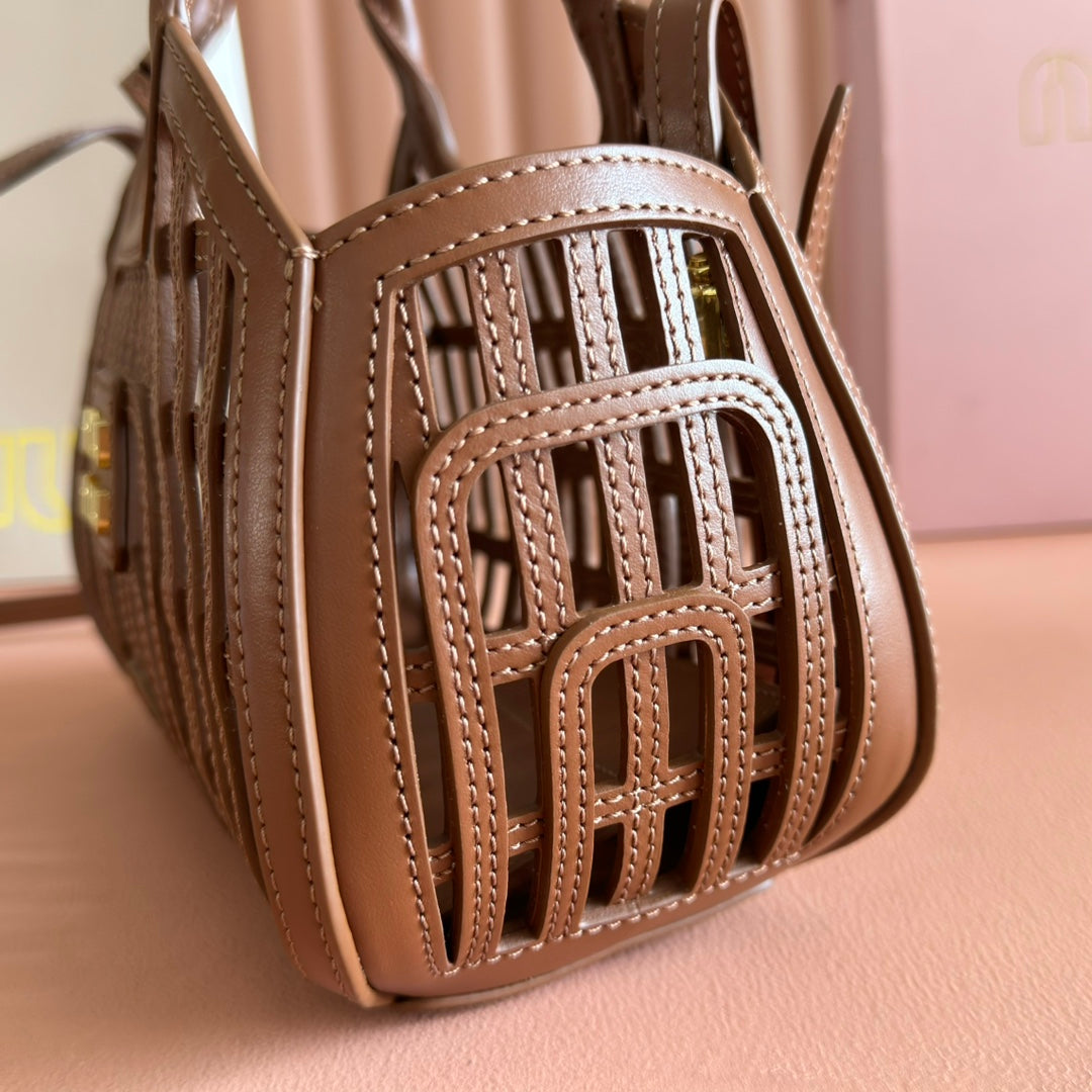 MIU MIU WOVEN HOLLOW BAG 24 IN DARK BROWN CALFSKIN