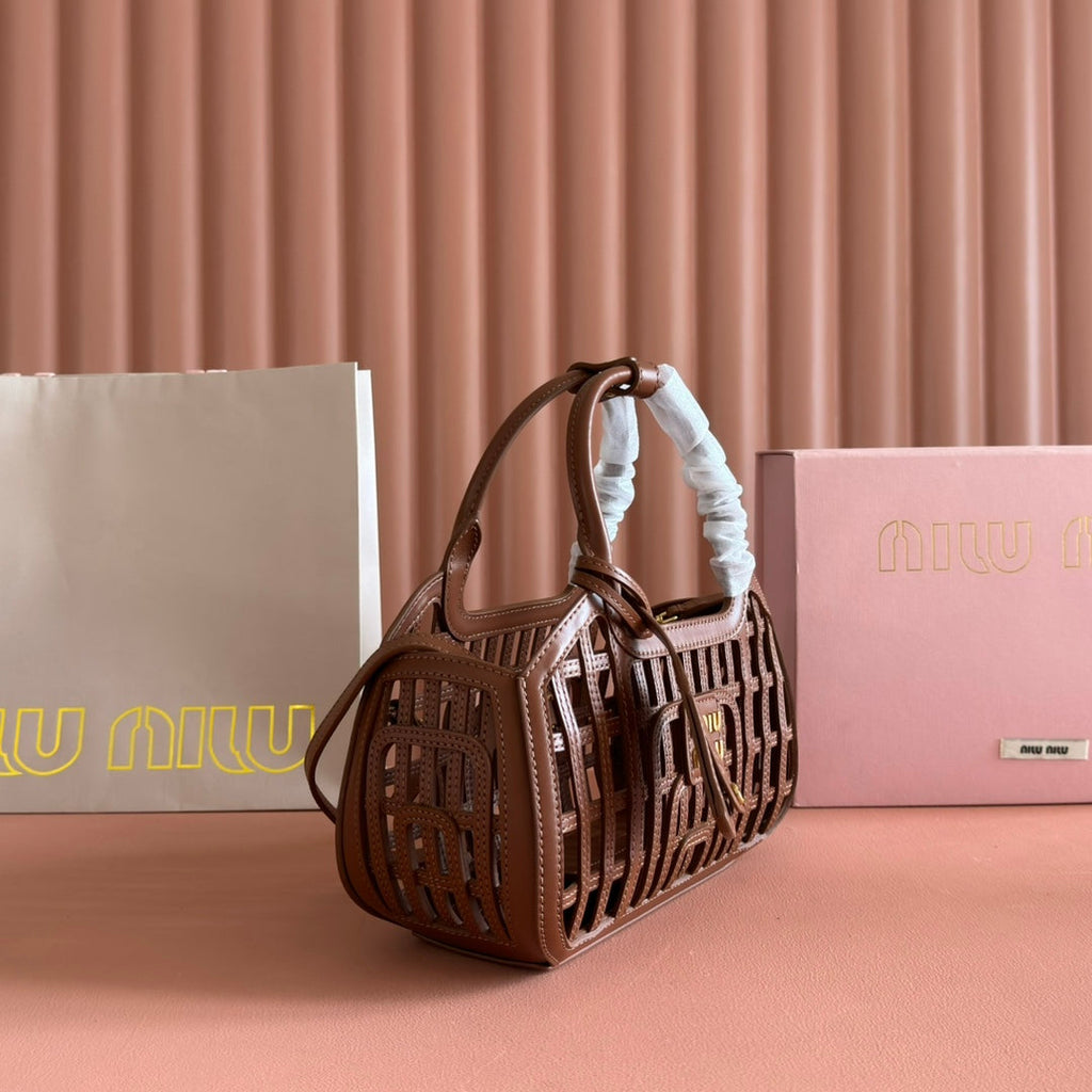 MIU MIU WOVEN HOLLOW BAG 24 IN DARK BROWN CALFSKIN