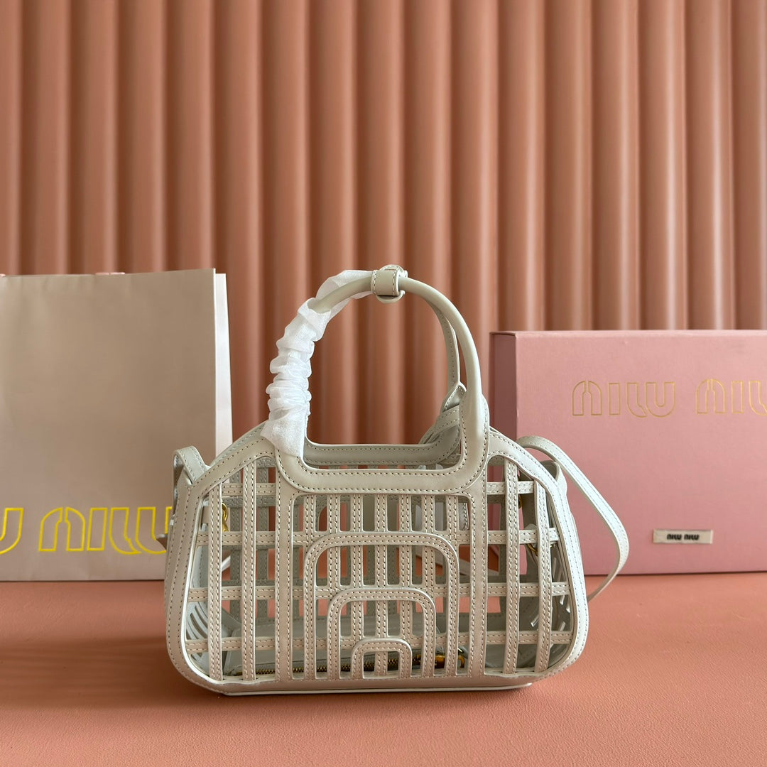 MIU MIU WOVEN HOLLOW BAG 24 IN WHITE CALFSKIN