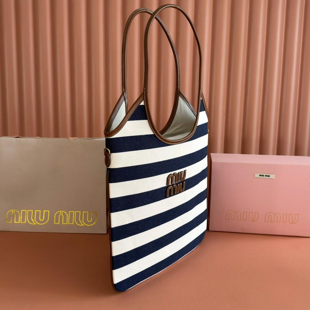 MIU MIU HOBO BAG 40 BLUE AND WHITE STRIPED IN CANVAS