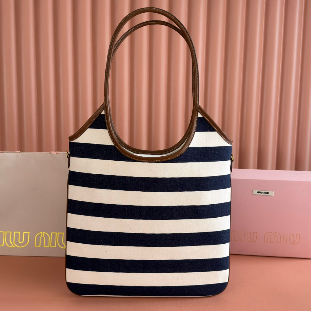 MIU MIU HOBO BAG 40 BLUE AND WHITE STRIPED IN CANVAS
