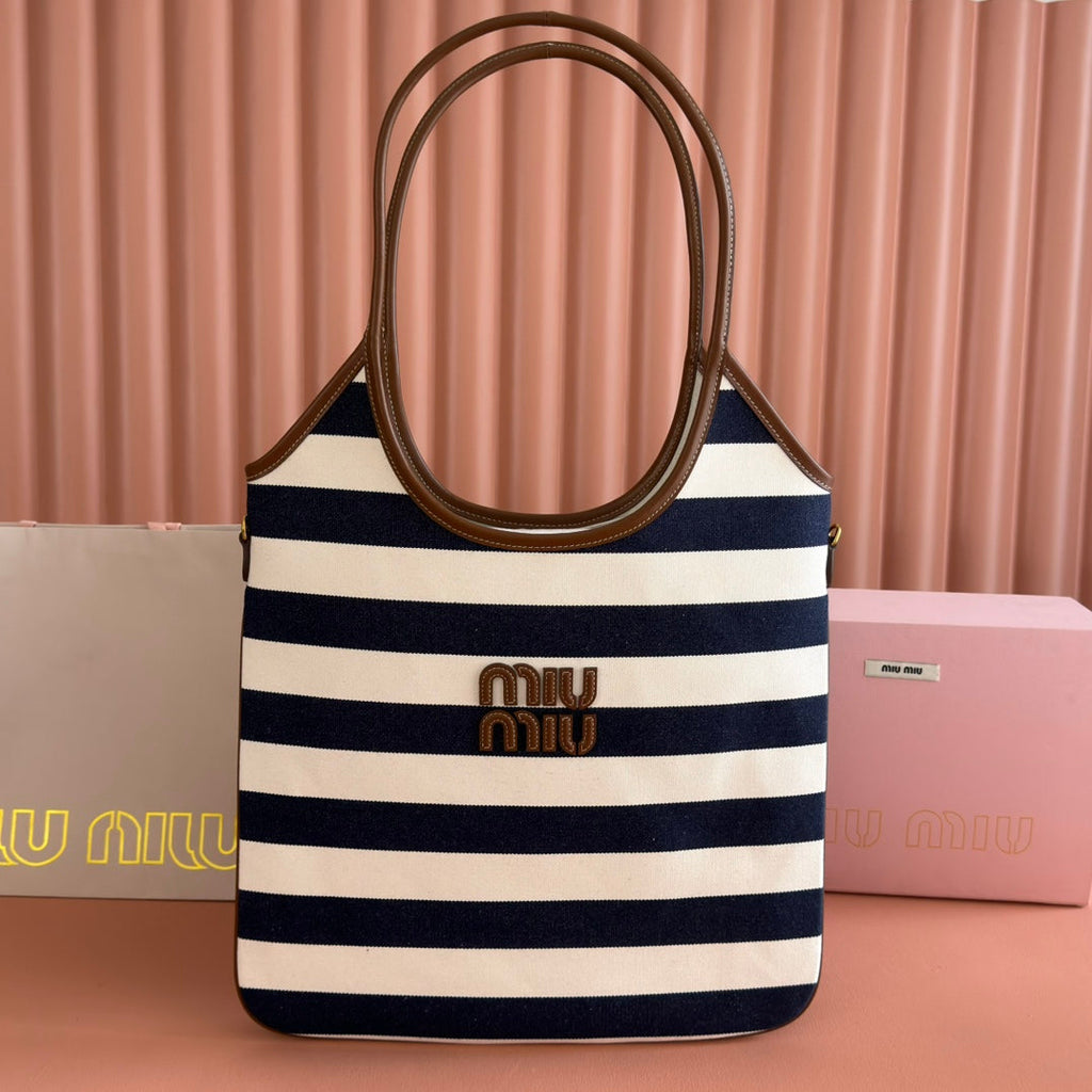 MIU MIU HOBO BAG 40 BLUE AND WHITE STRIPED IN CANVAS
